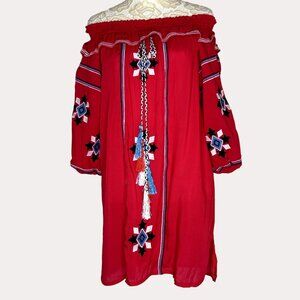 Mo Huan Yi Chue Smocked Embroidered Peasant Top Blouse Tunic S bv